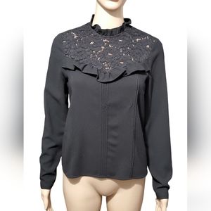 Zara Women Top Blouse Floral Ruffle Long Sleeve Black Spring Fall sz XS
